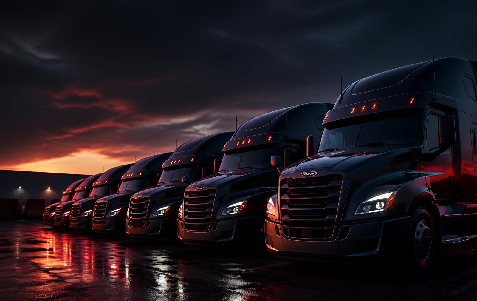 Commercial fleet of semi trucks lined up for scheduled maintenance in Dallas