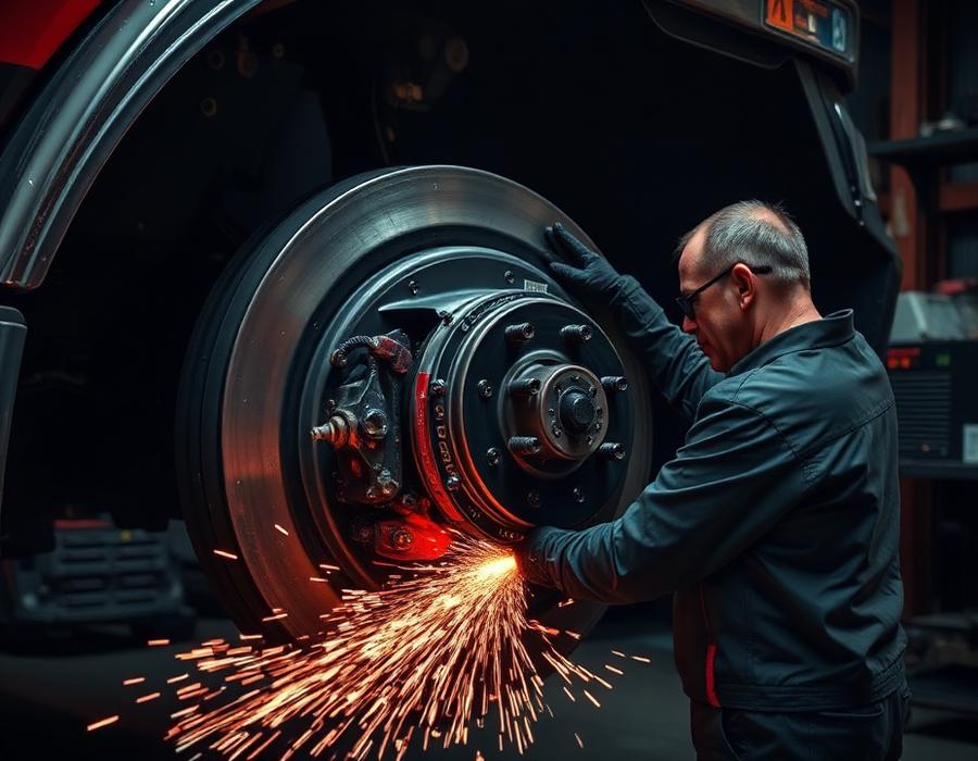 Technician performing truck brake service