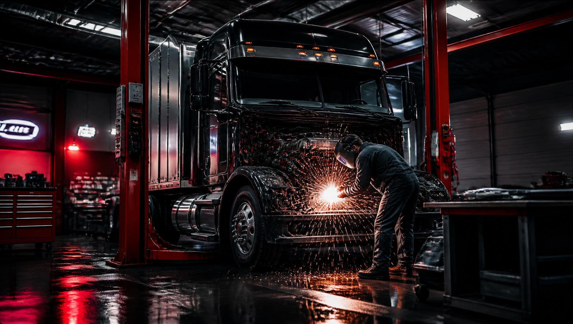 Diesel mechanic welding on a heavy-duty semi truck inside the Axon Truck Repair garage in Dallas
